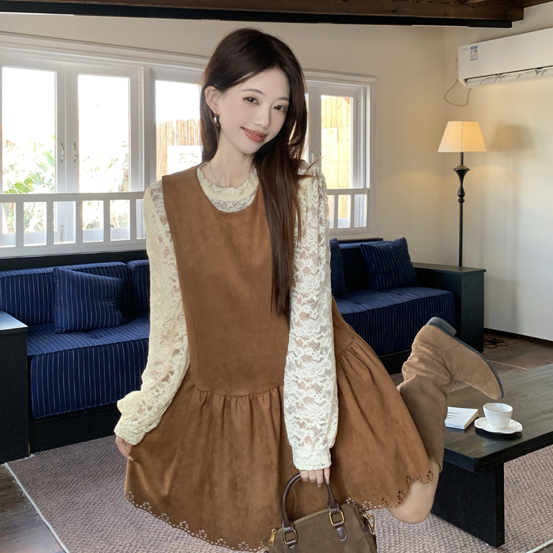 실사 작은 키 레이스 바지를 입는 셔츠 맨위 투피스 드레스 새로운 빅 사이즈 스웨이드 원단 조끼 스커트