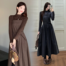 批发实拍~气质复古长袖内搭T恤针织打底衫秋冬吊带连衣裙长裙大码套装
