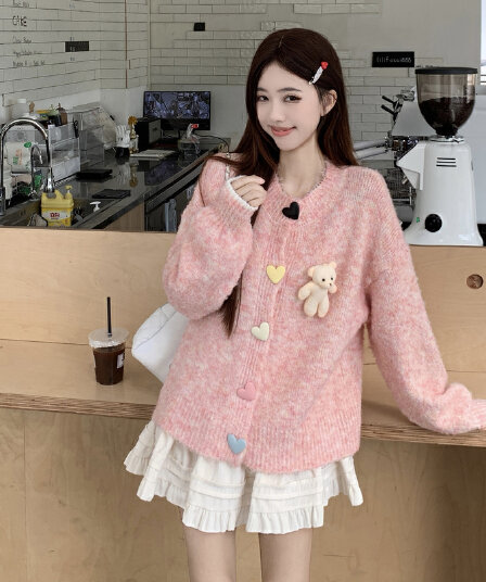 실사 한 부서 작은 곰 니트 오픈 가디건 스웨터 가을 겨울 새로운 빅 사이즈 부드러운 찹쌀 스웨터 긴팔 재킷 세트