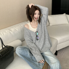 批发实拍~休闲两件套撞色针织衫2025早<b class='q'>春</b>穿搭慵懒风露肩别致大码上衣