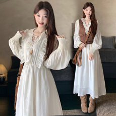 批发实拍~气质长袖连衣裙套装大码2026春秋新款减龄小个子马甲两件套