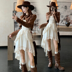 批发实拍~时尚套装女咖色翻领外套春季<b class='q'>蕾丝</b>边A字吊带连衣裙大码两件套