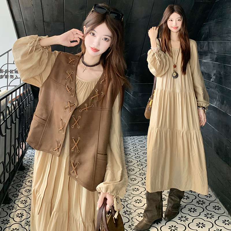 실사 스웨이드 원단 베스트 세트 여성 드레스 봄 한 부서 느긋한 바람 휴가 전원 빅 사이즈 투피스 세트