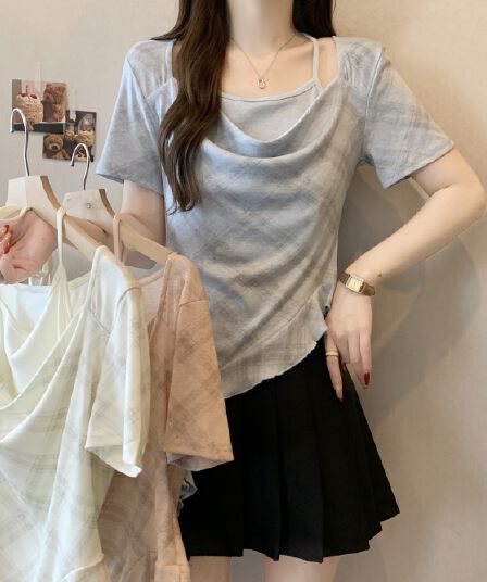 실사 빅 사이즈 레트로 체크무늬 페이크 레이어드 자수 반팔 티셔츠 여성 여름 새로운 몸매 가꾸기 슬림해 보이는 맨위 다용도 트렌디