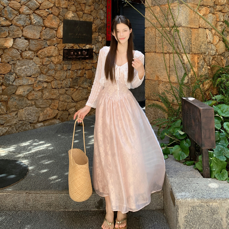 실사 슬립 드레스 품격 명문 여성 생일 예복 무거운 작업 레이스 자카드 빅 사이즈 허리 수축 휴가 롱 스커트