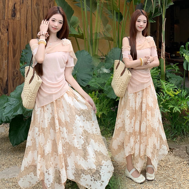 RY2859# 实拍~2026大码女装山茶花露肩上衣+蕾丝半身裙套装胖mm百搭两件套