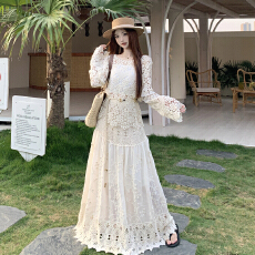 实拍~2026夏季新款时尚休闲套装长袖钩花针织罩衫叠穿背心半身裙