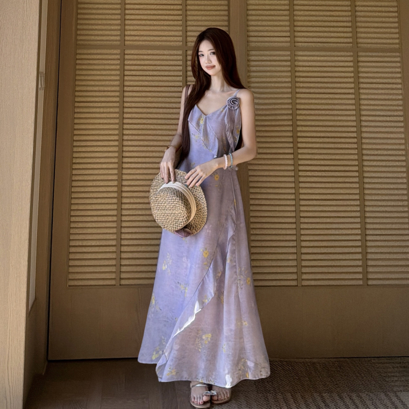 实拍~微胖大码女装度假风荷叶边V领碎花连衣裙夏上新时尚长裙套装