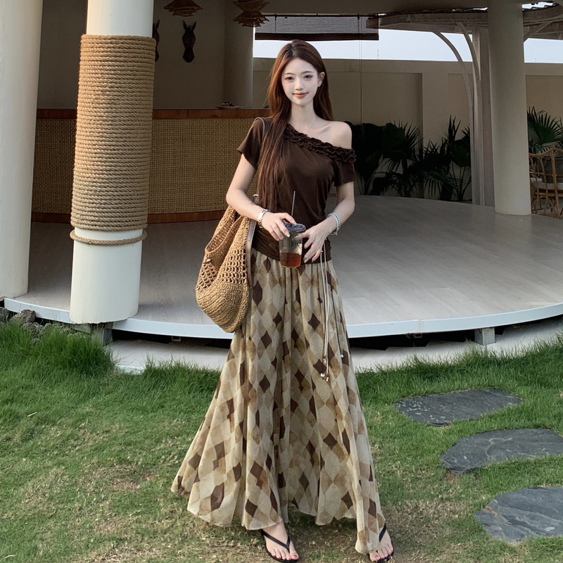 BY26383# 复古几何印花套装夏季新款大码套装高腰显瘦气质两件套 服裝批發女裝批發服飾貨源