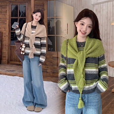 批发实拍~设计感绿色条纹披肩毛衣女冬季新款<b class='q'>大码</b><b class='q'>时尚</b>羊毛长袖上衣