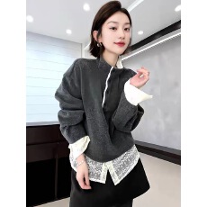 批发韩系高级感蕾丝拼接半高领灰色卫衣女冬季新款设计感小众内搭上衣