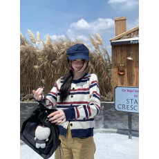 批发2025新款miu系可爱修狗条纹<b class='q'>针织</b><b class='q'>开衫</b>女学院风宽松圆领长袖上衣潮