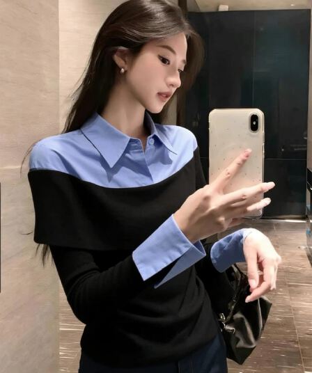 한 부서 chic 페이크 레이어드 배색 여성 셔츠 2026 새로운 슈퍼 잘 생긴 긴팔 빛 요리 한 바람 품격 패치워크 맨위