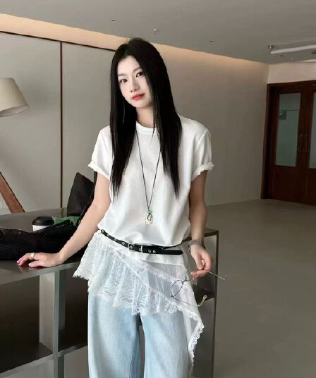 한국 스타일 패션 출퇴근 바람이 아닙니다. 규칙 레이스 레이스 패치워크 반팔 티셔츠 여성 몸매 가꾸기 슬림해 보이는 품격 맨위 트렌디