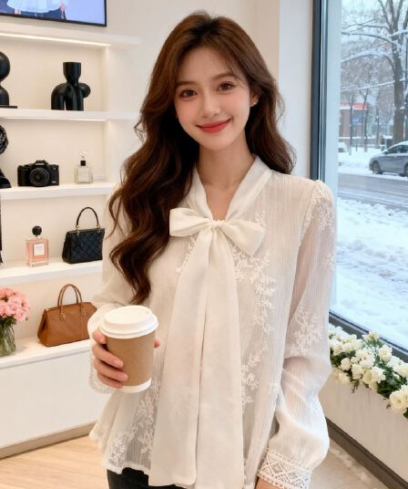 프랑스식 V넥 나비 매듭 긴팔 레이스 여성 셔츠 2026 년 봄 새로운 루즈핏 연령 감소 외국 가스 맨위 트렌디