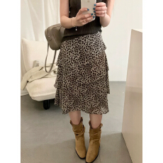 批发2026年<b class='q'>春</b>款复古豹纹半身裙女A字不规则荷叶边拼接遮胯显瘦中长裙