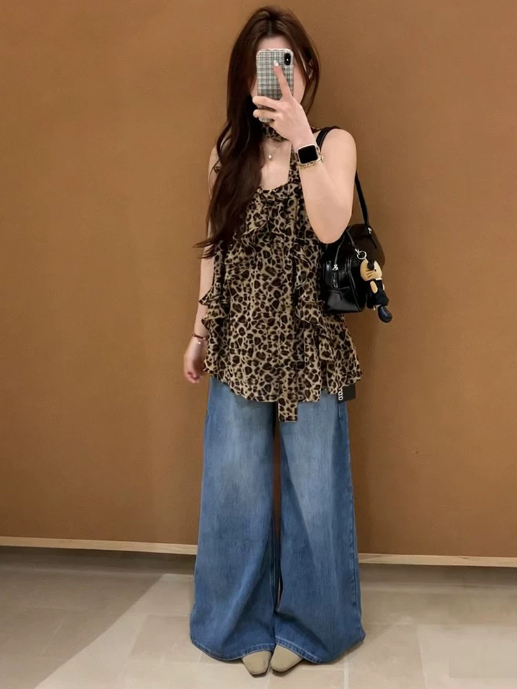 레트로 행침 목 리본 레오파드 무늬 캐미솔 여름 새로운 디자인 센스 루즈핏 프릴 핫걸 맨위