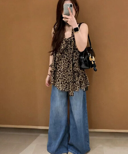 레트로 행침 목 리본 레오파드 무늬 캐미솔 여름 새로운 디자인 센스 루즈핏 프릴 핫걸 맨위