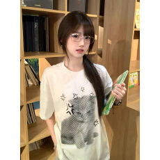 批发韩版甜美风生气猫咪<b class='q'>印花</b>短袖T恤女超好看的宽松显瘦百搭气质上衣