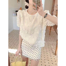 批发法式泡泡袖短袖t恤衬衫女夏季薄款气质娃娃衫洋气立体花朵上衣