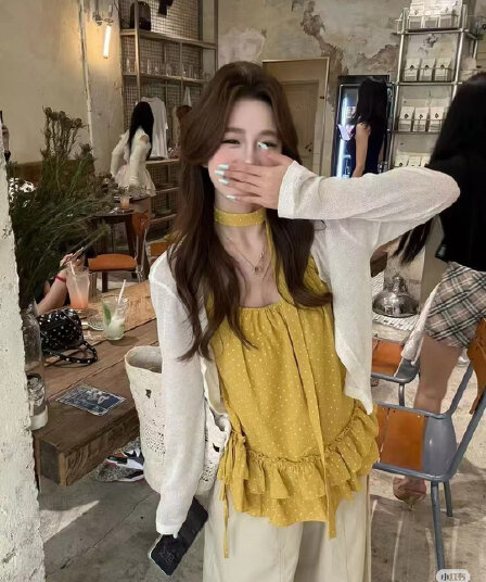 2026 여름 새로운 한국 스타일 패션 행침 목 리본 연령 감소 민소매 맨위 자외선 차단 오픈 가디건 두 조각 여성 세트 트렌디