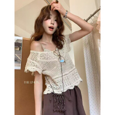 批发法式甜美<b class='q'>镂空</b>钩花针织小飞袖T恤女夏季独特漂亮绝美露背小衫上衣