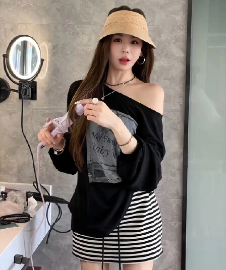 검정색 순수한 욕망 오프숄더 긴팔 티셔츠 여성 얇은 스타일 루즈핏 비스듬한 어깨 태양 보호 셔츠 여름 캐주얼 스트라이프 반 스커트 세트