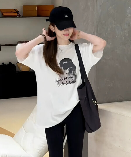 빅 사이즈 여성 의류 강아지 프린트 화이트 라운드 넥 반팔 티셔츠 여름 새로운 지방 mm 루즈핏 표지 배 품격 맨위
