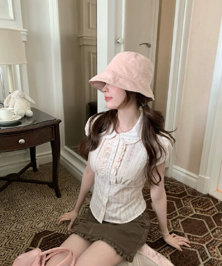 ptonumi 여름 쉰 꽃 뗏목 프릴 작은 꽃무늬 반팔 여성 셔츠 베이비 칼라 맨위 여름 아름다운 착용 가져 가라.