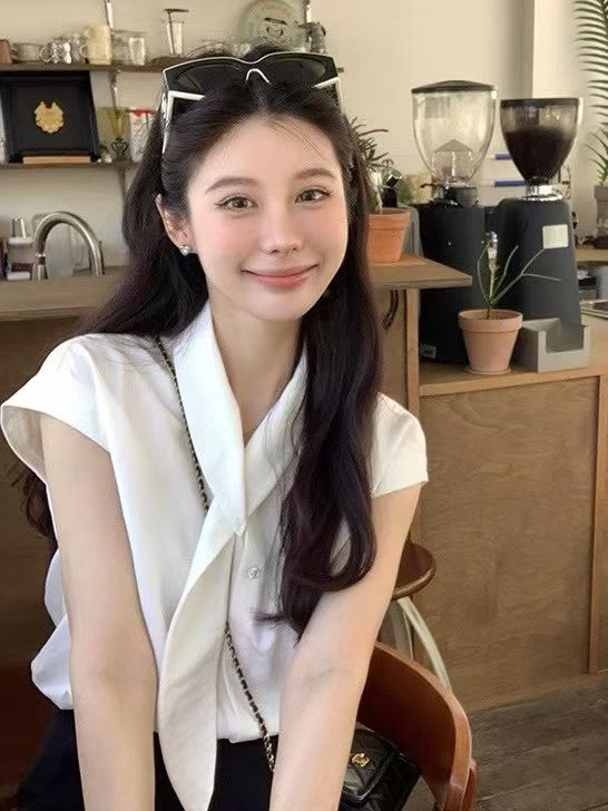 한 부서 부드러운 품격 화이트 반팔 넥타이 셔츠 오픈 가디건 여성 여름 얇은 스타일 작은 날다 소매 셔츠 쇼트 스타일 맨위