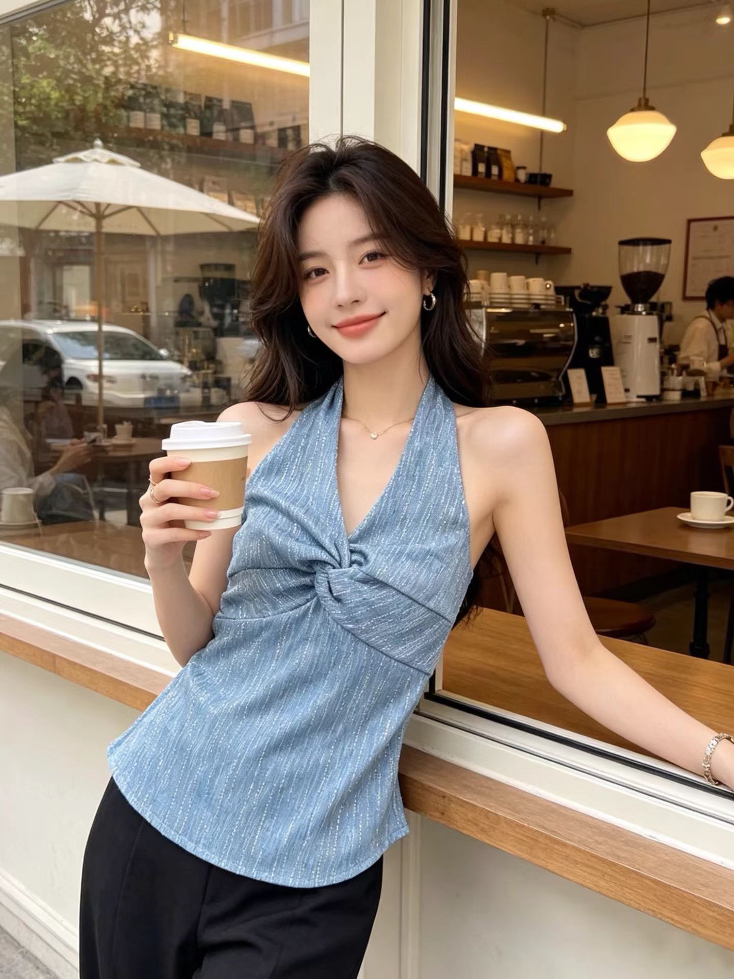 한 부서 순수한 욕망 행침 목 비틀림 다이아몬드 세팅 캐미솔 여름 섹시함 핫걸 바람 백리스 디자인 센스 민소매 맨위