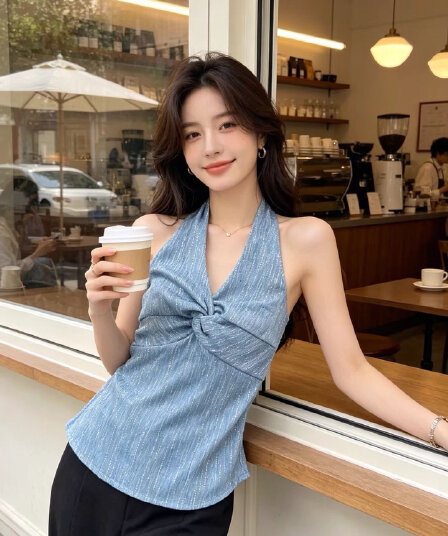 한 부서 순수한 욕망 행침 목 비틀림 다이아몬드 세팅 캐미솔 여름 섹시함 핫걸 바람 백리스 디자인 센스 민소매 맨위