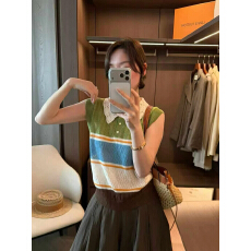批发韩系复古撞色条纹钩花镂空翻领针织衫女夏薄款宽松显瘦小飞袖上衣