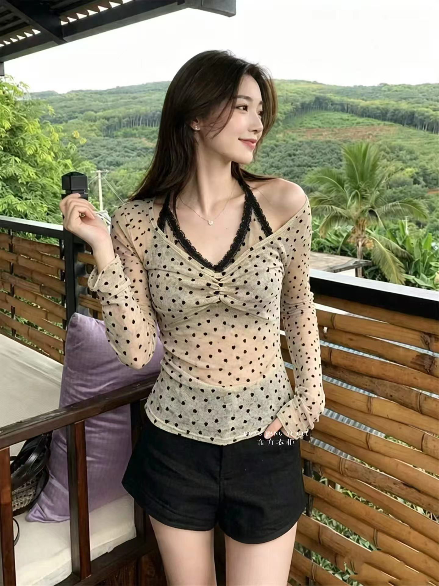 法式假两件灰色波点长袖T恤秋蕾丝拼接吊带别致漂亮巨好看的上衣 服裝批發女裝批發服飾貨源