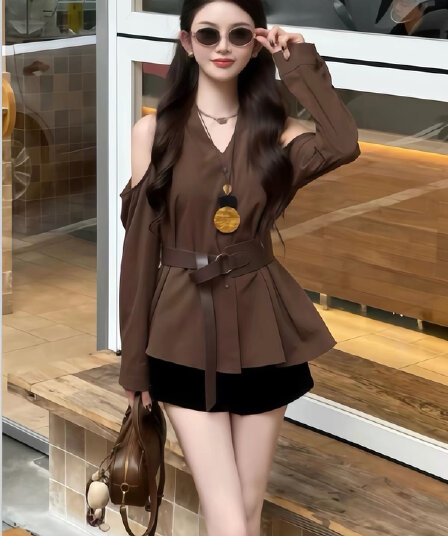 한 부서 디자인 센스 불규칙 오프숄더 긴팔 여성 셔츠 작은 키 자이언트 잘 생긴 ~ 중 이른 가을 허리 수축 슬림해 보이는 맨위