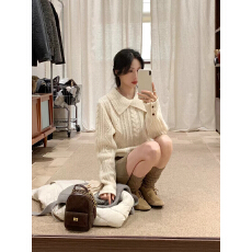批发YNVN韩系甜美温柔风翻领羊毛针织衫女秋冬高级百搭设计感小众毛衣
