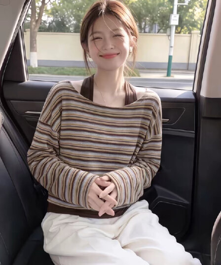페이크 레이어드 보트넥 행침 목 슬립 맨위 여성 봄 가을 새로운 루즈핏 싱글 착용 아름다움 라드. 배색 스트라이프 티셔츠 p