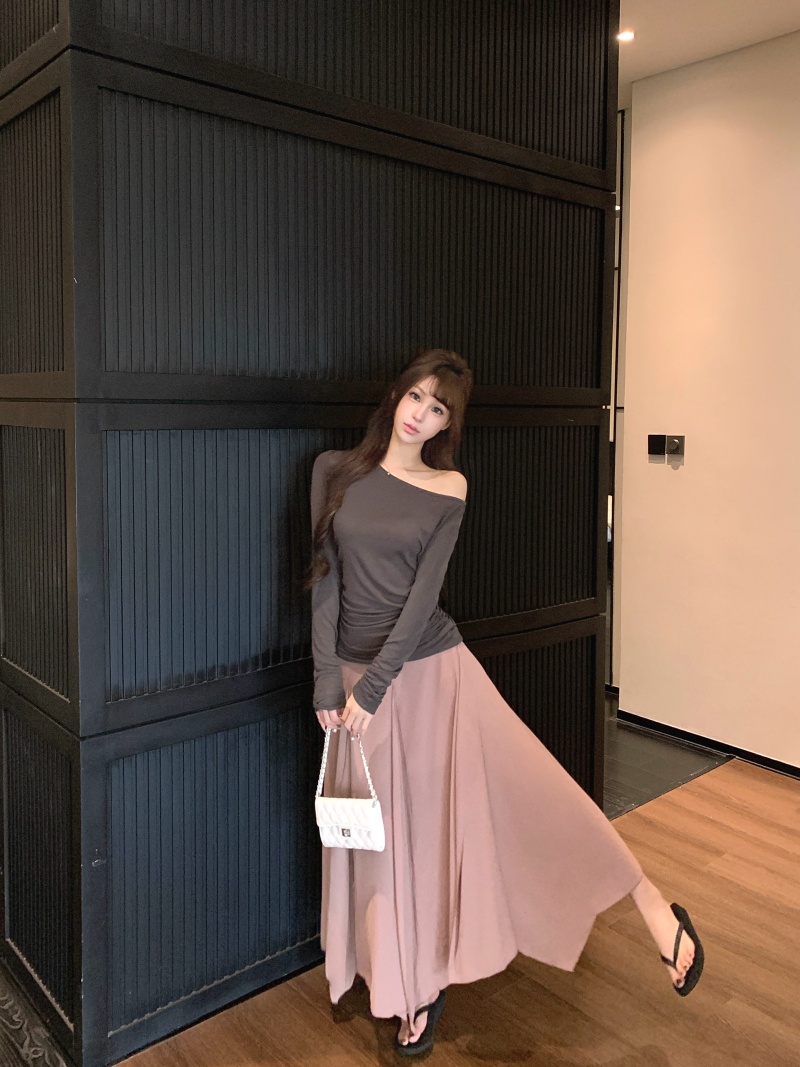 실사 불규칙 비스듬한 어깨 말뚝 더미 기본 셔츠 여름 얇은 스타일 긴팔 티셔츠 불규칙 반신 스커트 다용도