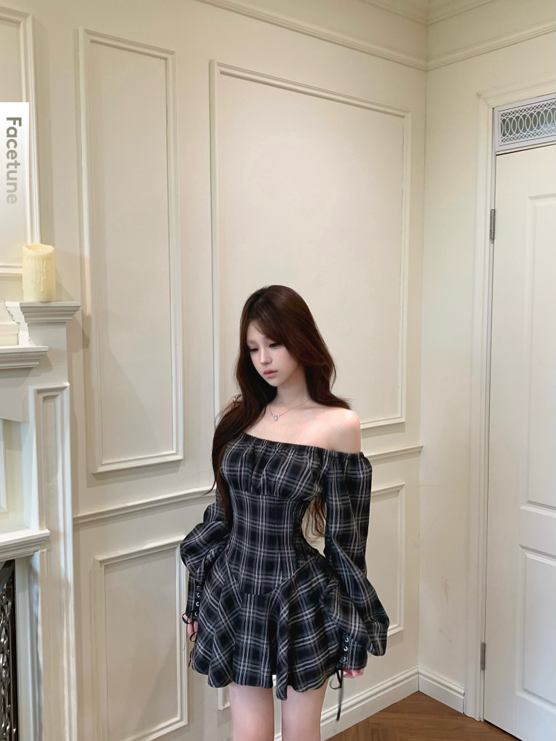 실사 오프숄더 체크무늬 드레스 긴팔 허리 수축 미니 스커트