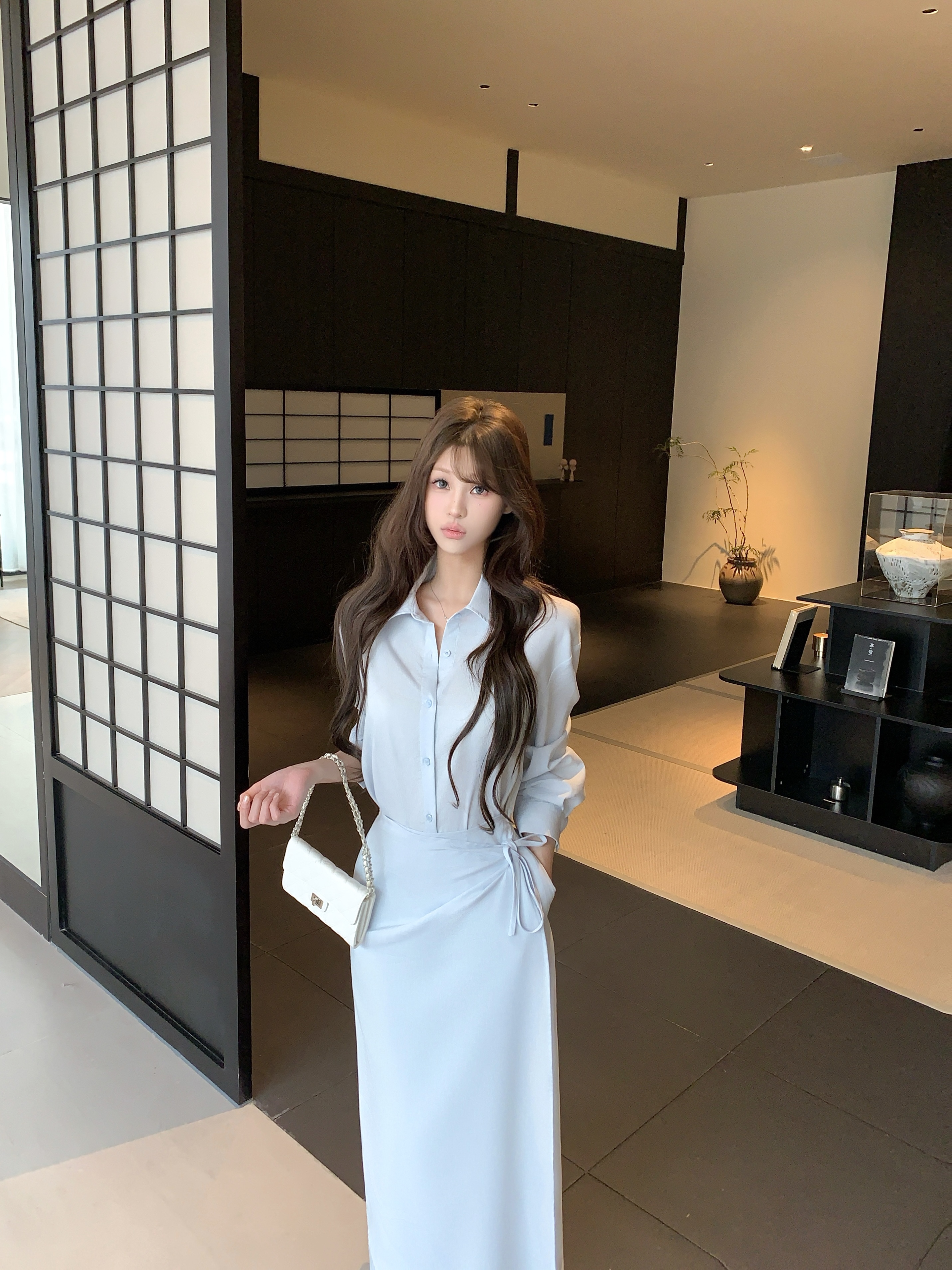 실사 이른 가을 디자인 센스 페이크 레이어드 셔츠 드레스 허리 수축 치마 롱 스커트