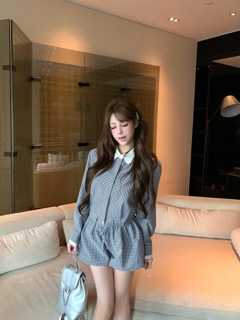 실사 체크무늬 베이비 칼라 셔츠 공주 품격 클래식 세련된 센스 반바지 세트