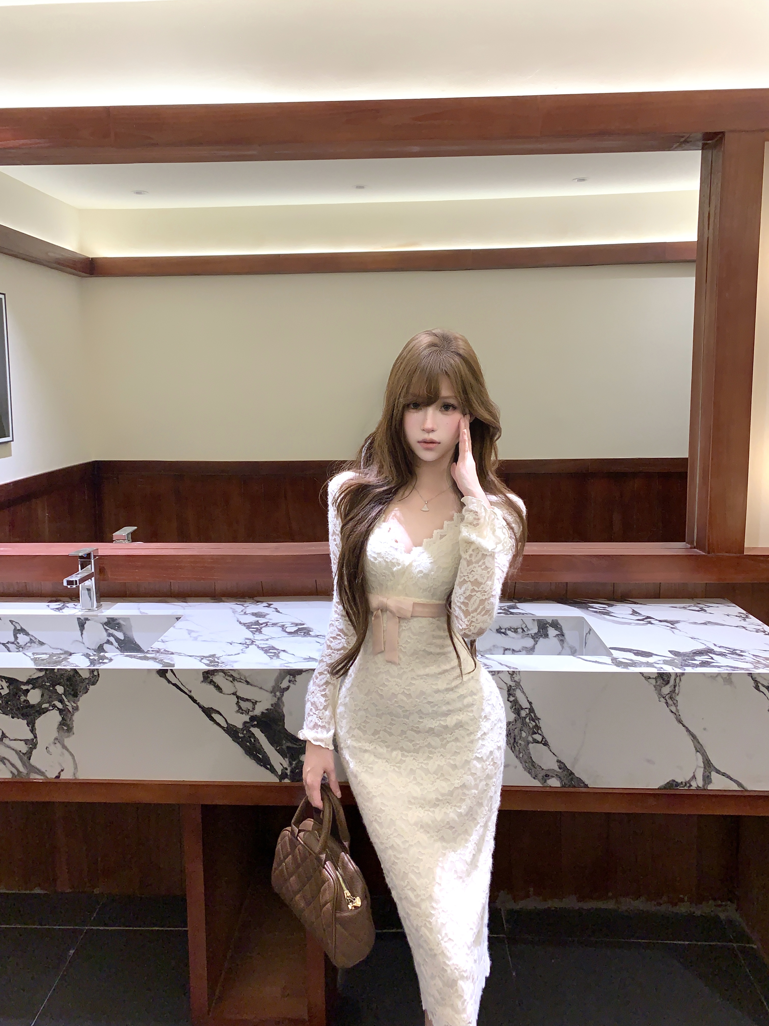 실사 배색 벨트 섹시함 디스플레이 몸 플리스 레이스 몸매 가꾸기 치마 드레스