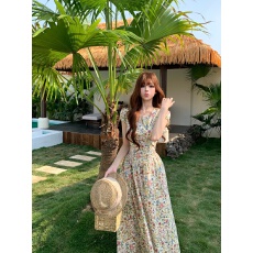 批发实拍 短袖碎花<b class='q'>连衣裙</b>女圆领长款收腰裙子