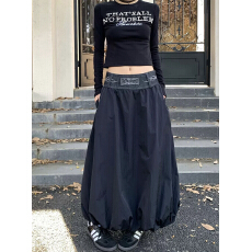 批发韩国chic美式复古暗黑风工装A字<b class='q'>半身</b><b class='q'>长裙</b>印花提花水洗做旧<b class='q'>半身</b>裙