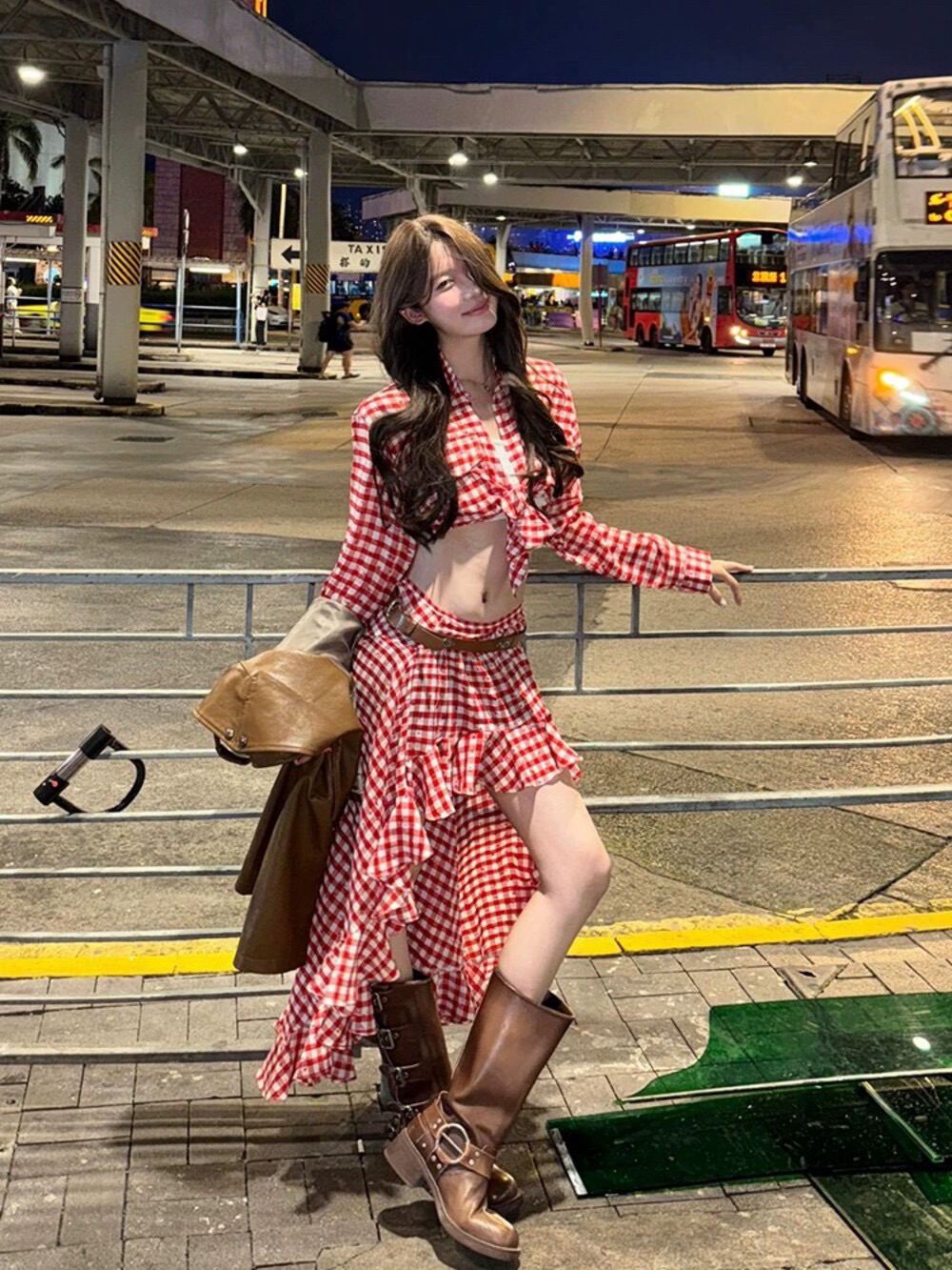 chic 아메리칸 레트로 빨간색 체크무늬 스트랩 긴팔 몸매 가꾸기 셔츠 맨위 패치워크 색상 프릴 트임 반신 스커트