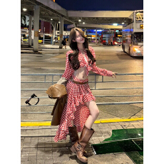 批发chic美式复古红色格子绑带长袖修身衬衫上衣拼色荷叶边开叉<b class='q'>半身</b>裙