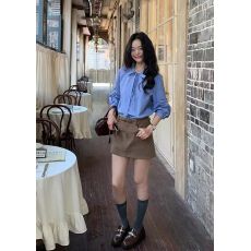 批发转角<b class='q'>街头</b> 蓝色蝴蝶结绑带条纹衬衫女长袖衬衣气质上衣