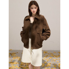 批发咖色复古麂皮绒外套女<b class='q'>秋</b>季2025新款高级感气质翻领夹克上衣