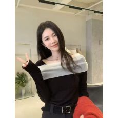 批发Wang韩代IF<b class='q'>欧根纱</b>磨毛字肩<b class='q'>上衣</b>纯欲风长袖T恤斜领露肩<b class='q'>上衣</b>打底