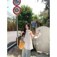 批发2026春夏宽松无袖气质度假风上衣<b class='q'>甜美</b>风白色蕾丝拼接雪纺衫女